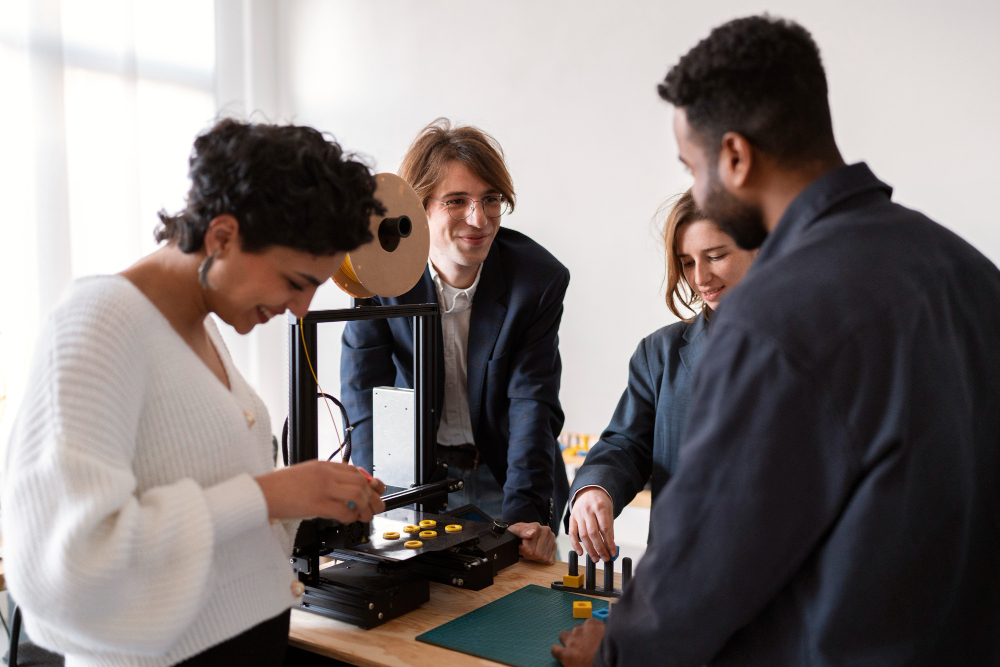 Engineering team reviewing design for manufacturing considerations