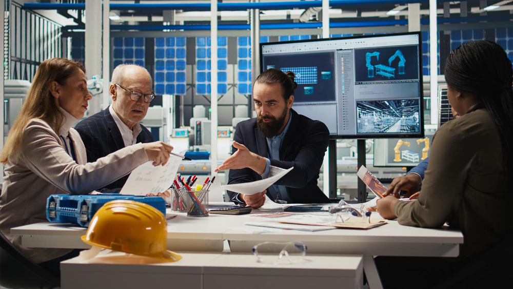 engineering team reviewing hardware prototype and planning production